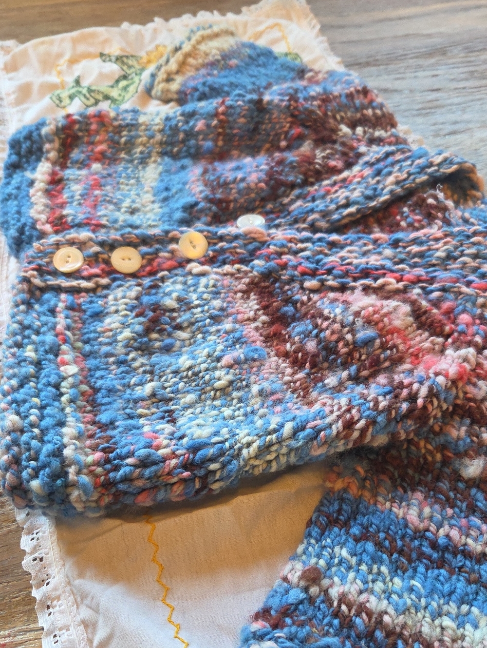 Hand-Knit Multicolor Button-Front Women’s Sweater Cardigan - Blue Mix